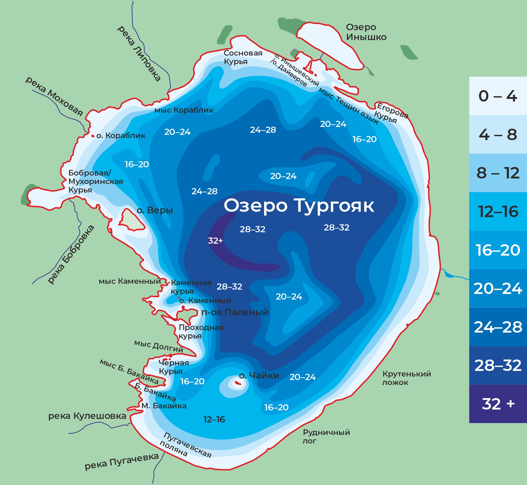 Озеро Тургояк карта глубин
