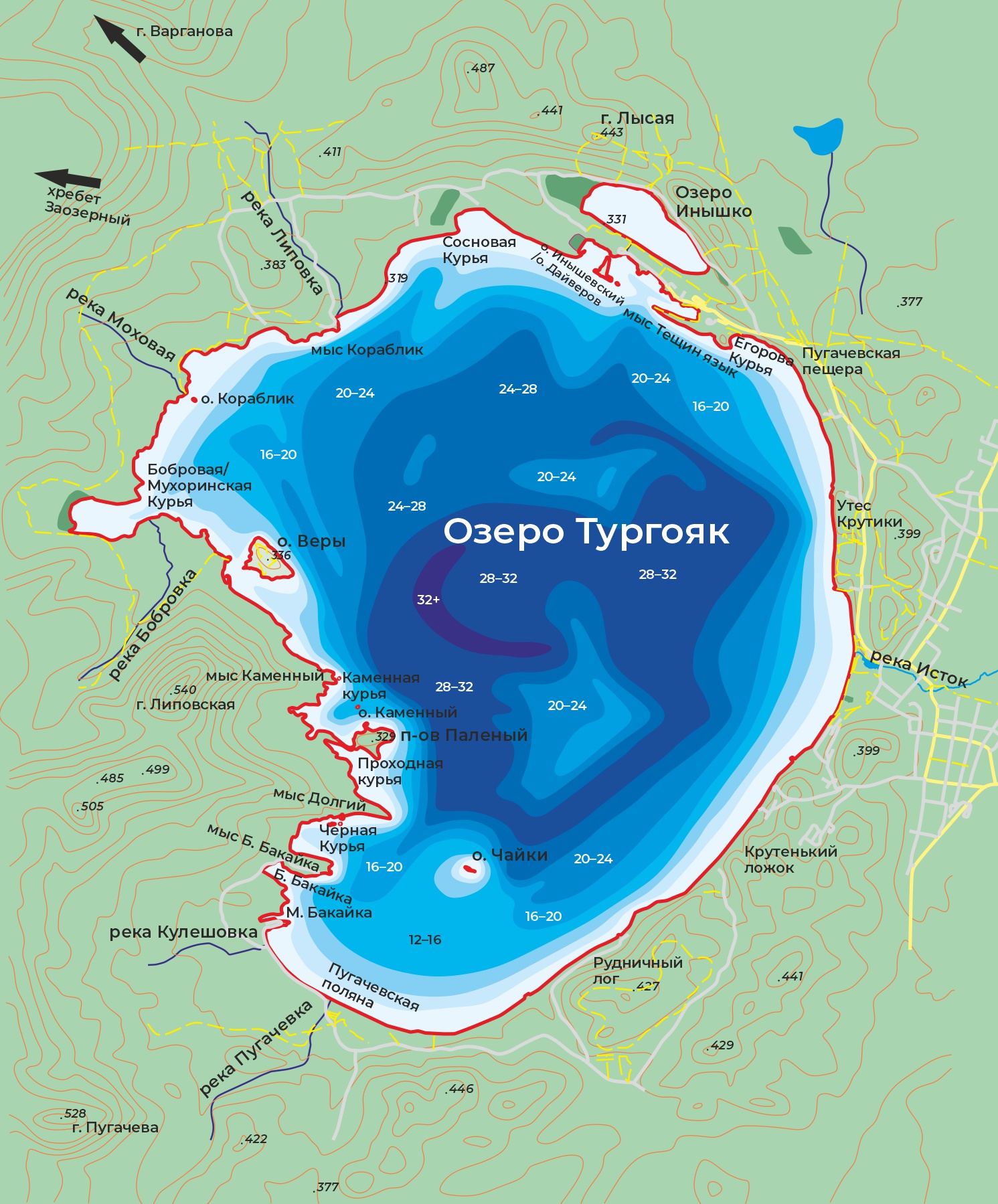Подробная карта озера Тургояк